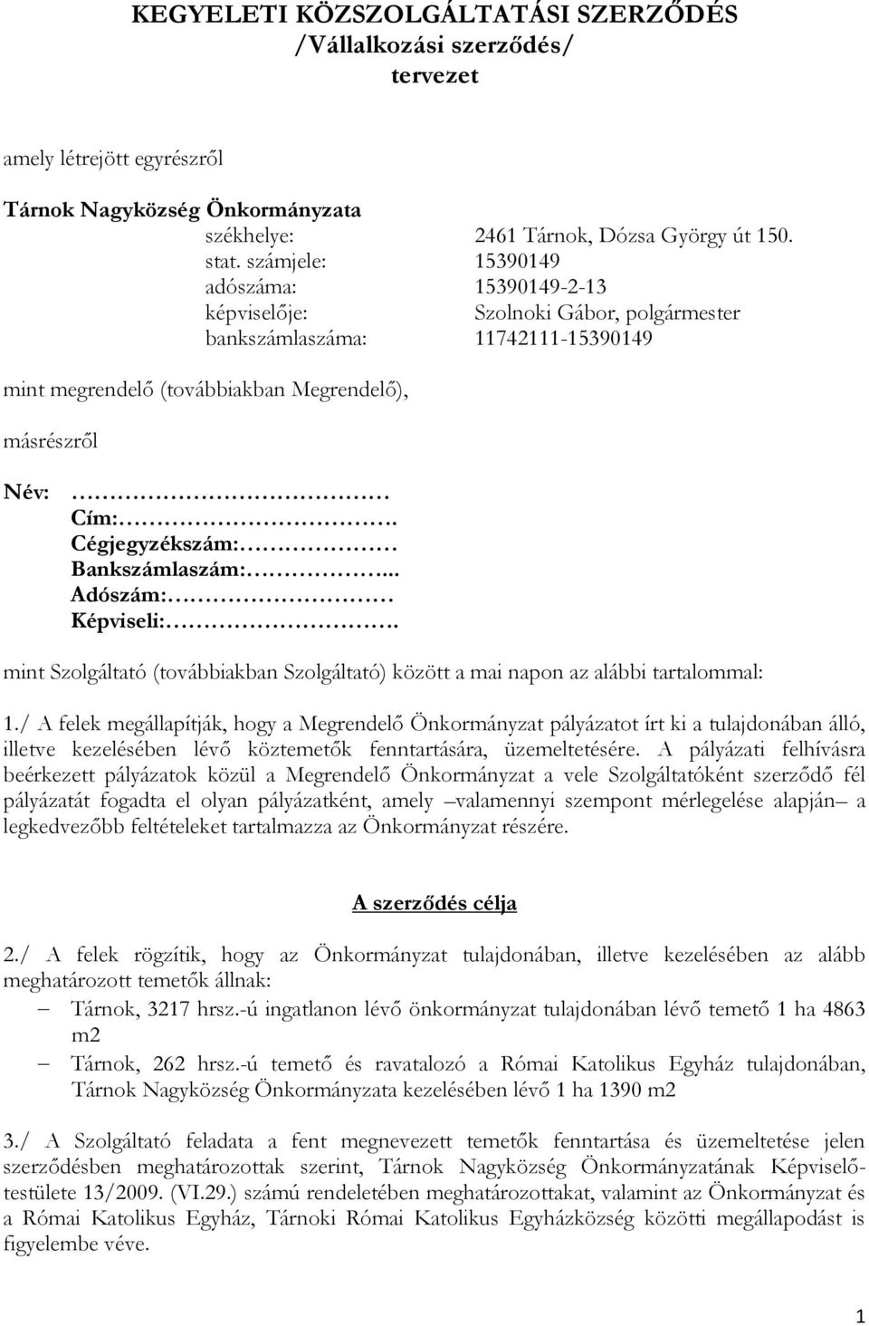 Cégjegyzékszám: Bankszámlaszám:... Adószám: Képviseli:. mint Szolgáltató (továbbiakban Szolgáltató) között a mai napon az alábbi tartalommal: 1.