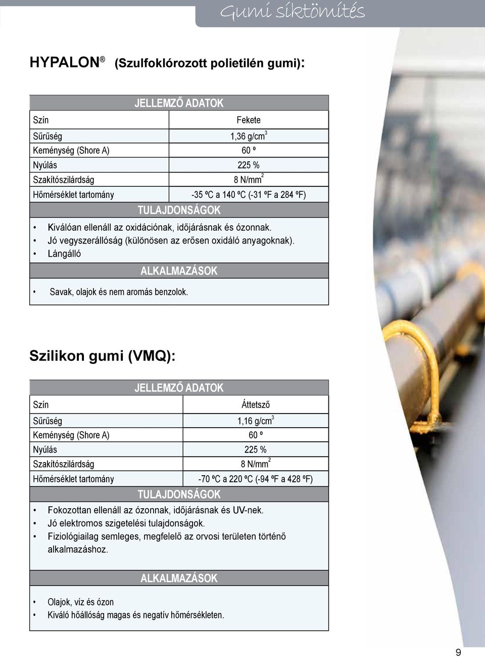 Szilikon gumi (VMQ): Áttetsző Sűrűség 1,16 g/cm 3 Keménység (Shore A) 60 º Nyúlás 225 % Szakítószilárdság 8 N/mm 2-70 ºC a 220 ºC (-94 ºF a 428 ºF) Fokozottan ellenáll az ózonnak,