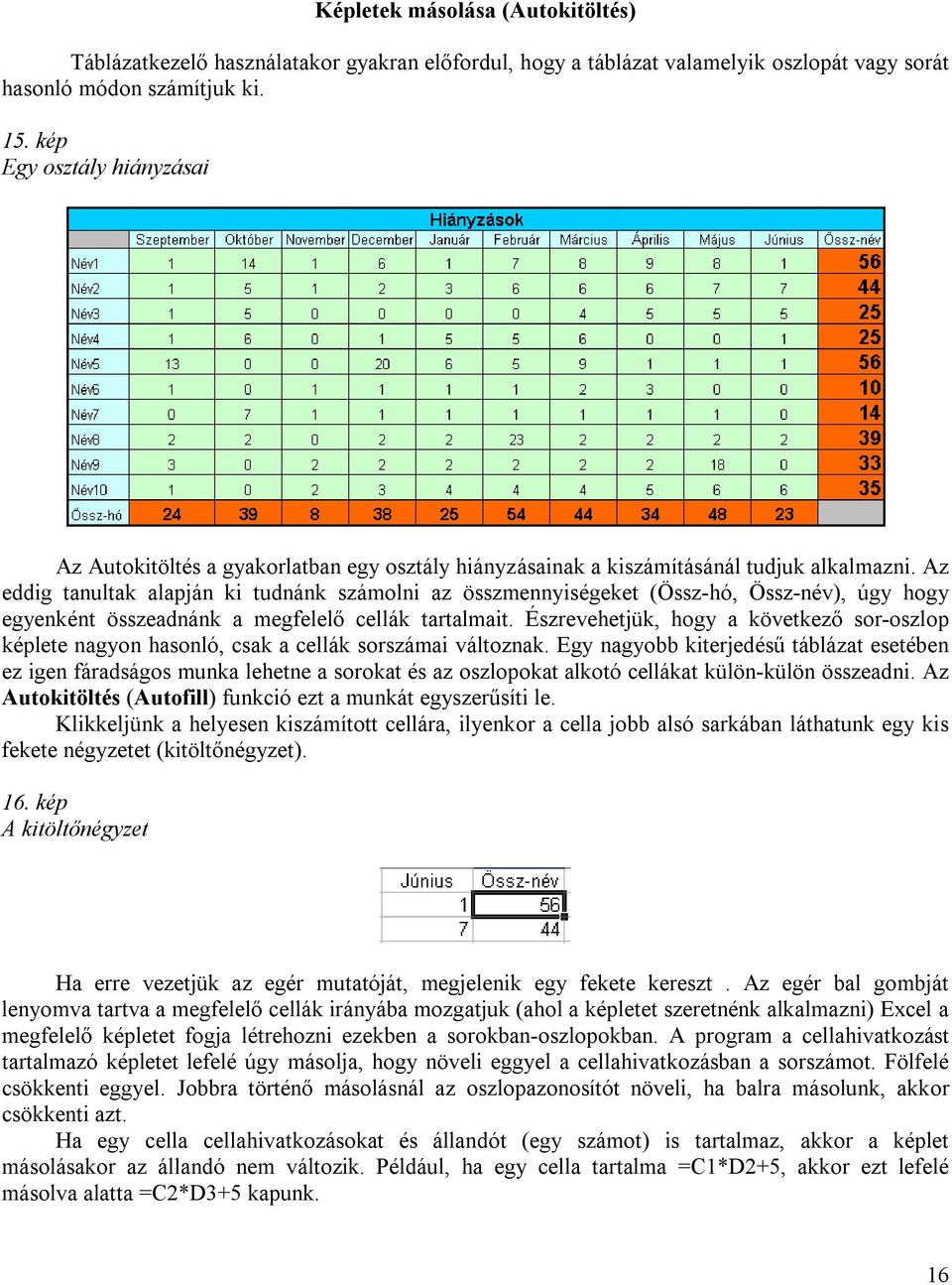 Az eddig tanultak alapján ki tudnánk számolni az összmennyiségeket (Össz-hó, Össz-név), úgy hogy egyenként összeadnánk a megfelelő cellák tartalmait.