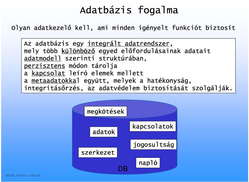 tárolja a kapcsolat leíró elemek mellett a metaadatokkal együtt, melyek a hatékonys konyság, integritásőrz rzés, az