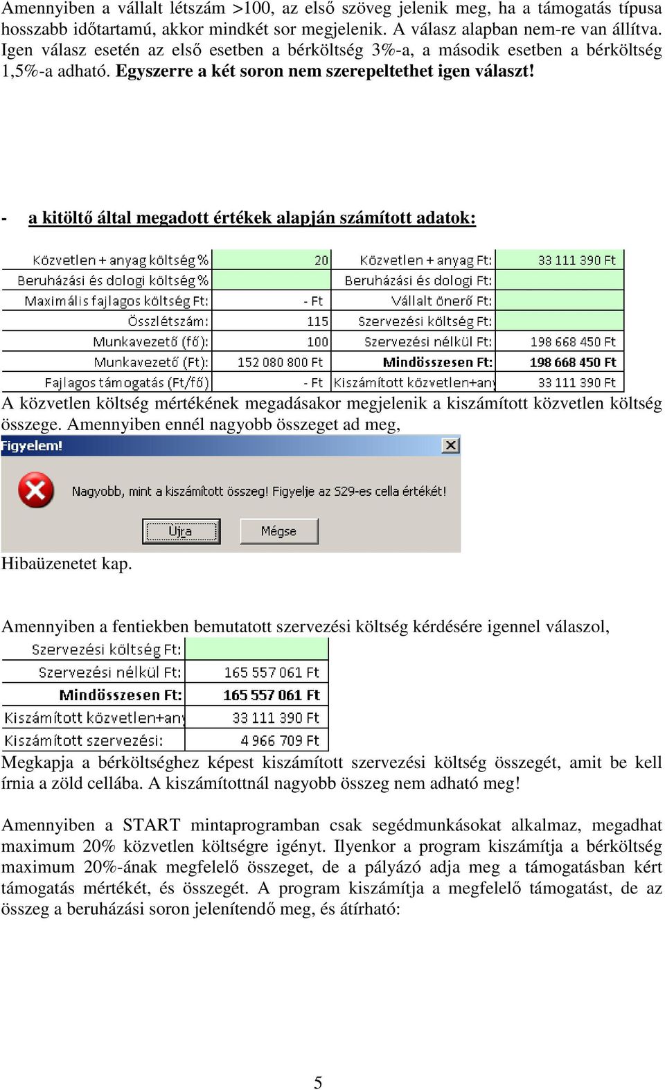 - a kitöltő által megadott értékek alapján számított adatok: A közvetlen költség mértékének megadásakor megjelenik a kiszámított közvetlen költség összege.