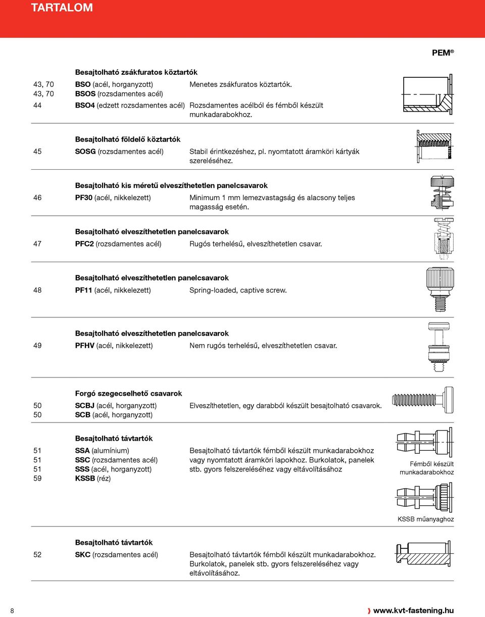 nyomtatott áramköri kártyák szereléséhez. Besajtolható kis méretű elveszíthetetlen panelcsavarok 46 PF3 (acél, nikkelezett) Minimum 1 mm lemezvastagság és alacsony teljes magasság esetén.
