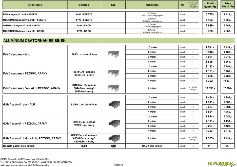 ALUMÍNIUM CSATORNÁK ÉS SÍNEK Felsı csatorna - ALU Felsı csatorna - PEZSGİ, ARANY Felsı csatorna / 6m - ALU, PEZSGİ, ARANY 8840/...m - alumínium 8844/...m - 8845/.