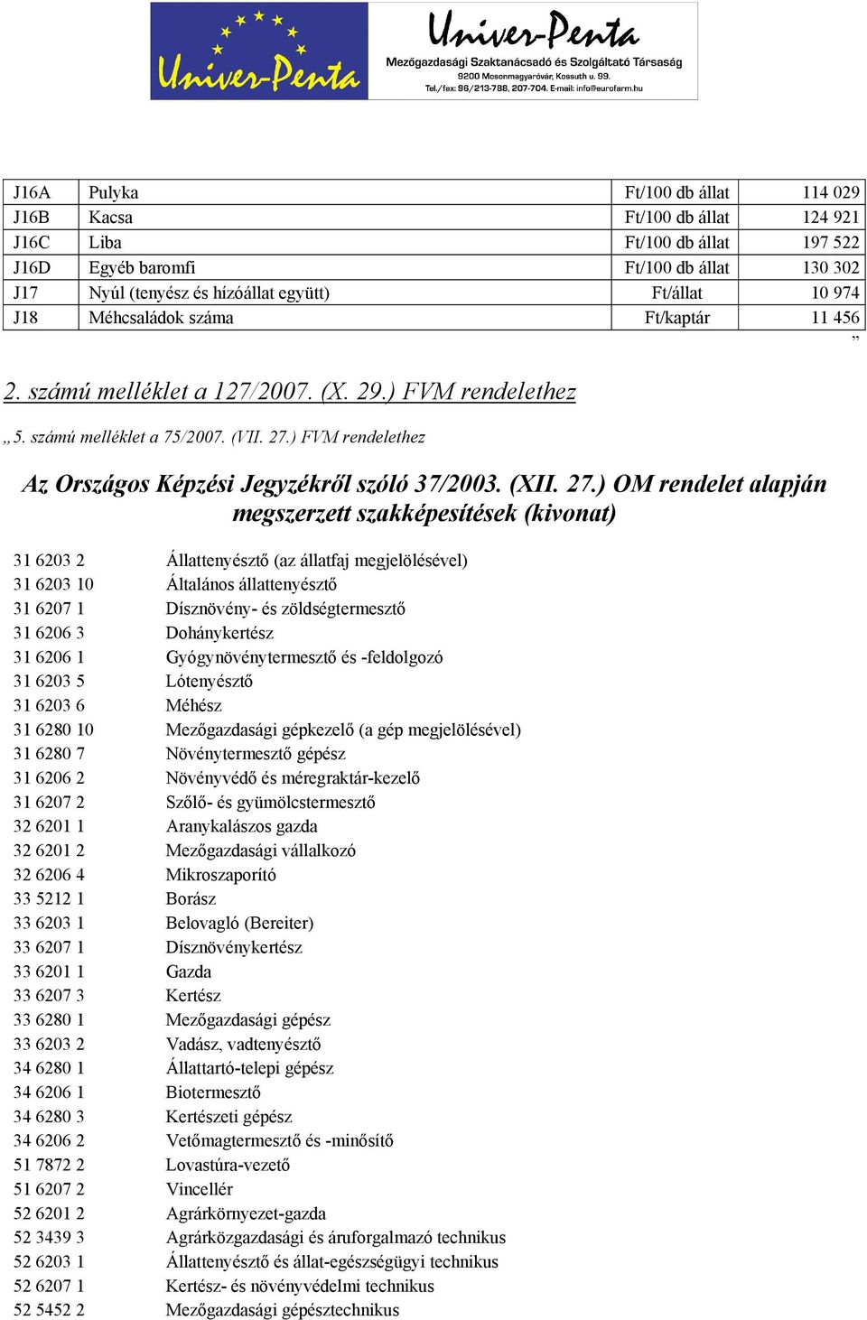 ) FVM rendelethez Az Országos Képzési Jegyzékről szóló 37/2003. (XII. 27.