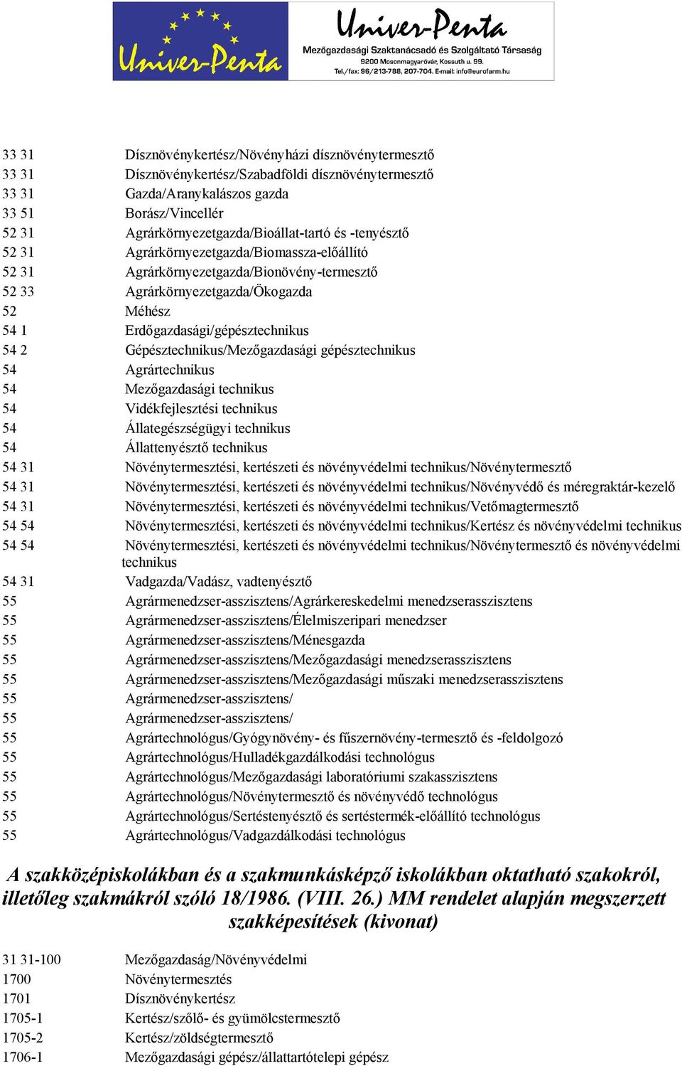 Erdőgazdasági/gépésztechnikus 54 2 Gépésztechnikus/Mezőgazdasági gépésztechnikus 54 Agrártechnikus 54 Mezőgazdasági technikus 54 Vidékfejlesztési technikus 54 Állategészségügyi technikus 54