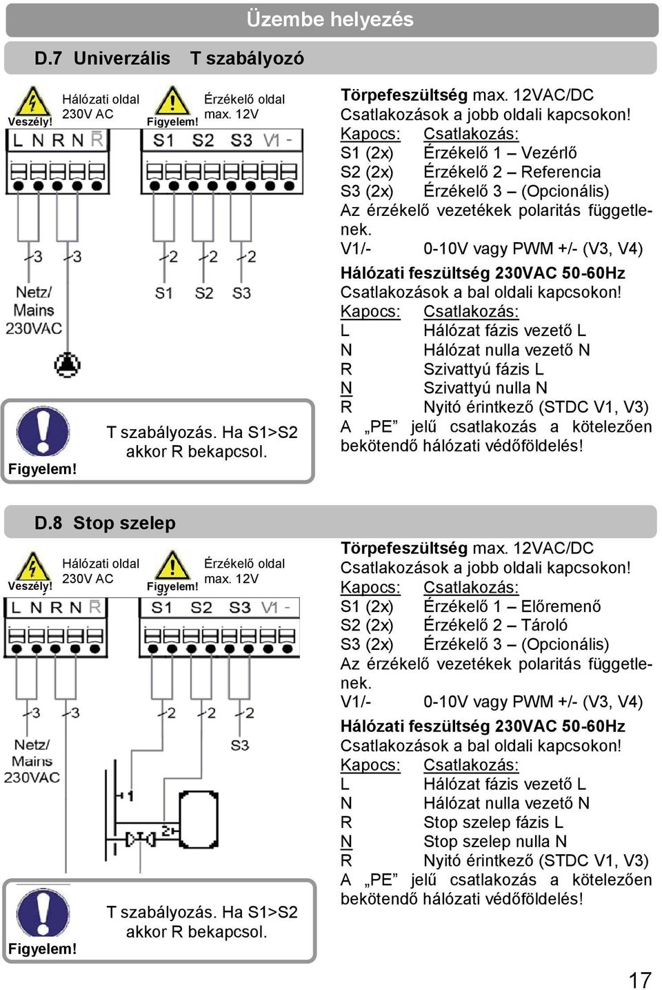Kapocs: Csatlakozás: S1 (2x) Érzékelő 1 Vezérlő S2 (2x) Érzékelő 2 Referencia S3 (2x) Érzékelő 3 (Opcionális) Az érzékelő vezetékek polaritás függetlenek.
