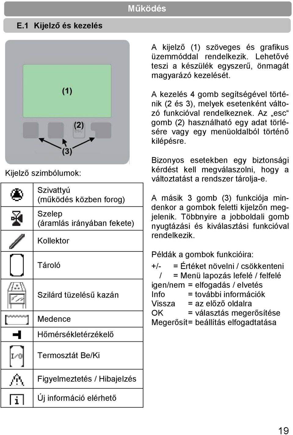 Kijelző szimbólumok: Szivattyú (működés közben forog) Szelep (áramlás irányában fekete) Kollektor Tároló Szilárd tüzelésű kazán Medence Bizonyos esetekben egy biztonsági kérdést kell megválaszolni,