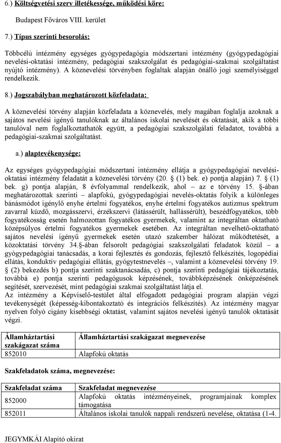 nyújtó intézmény). A köznevelési törvényben foglaltak alapján önálló jogi személyiséggel rendelkezik. 8.