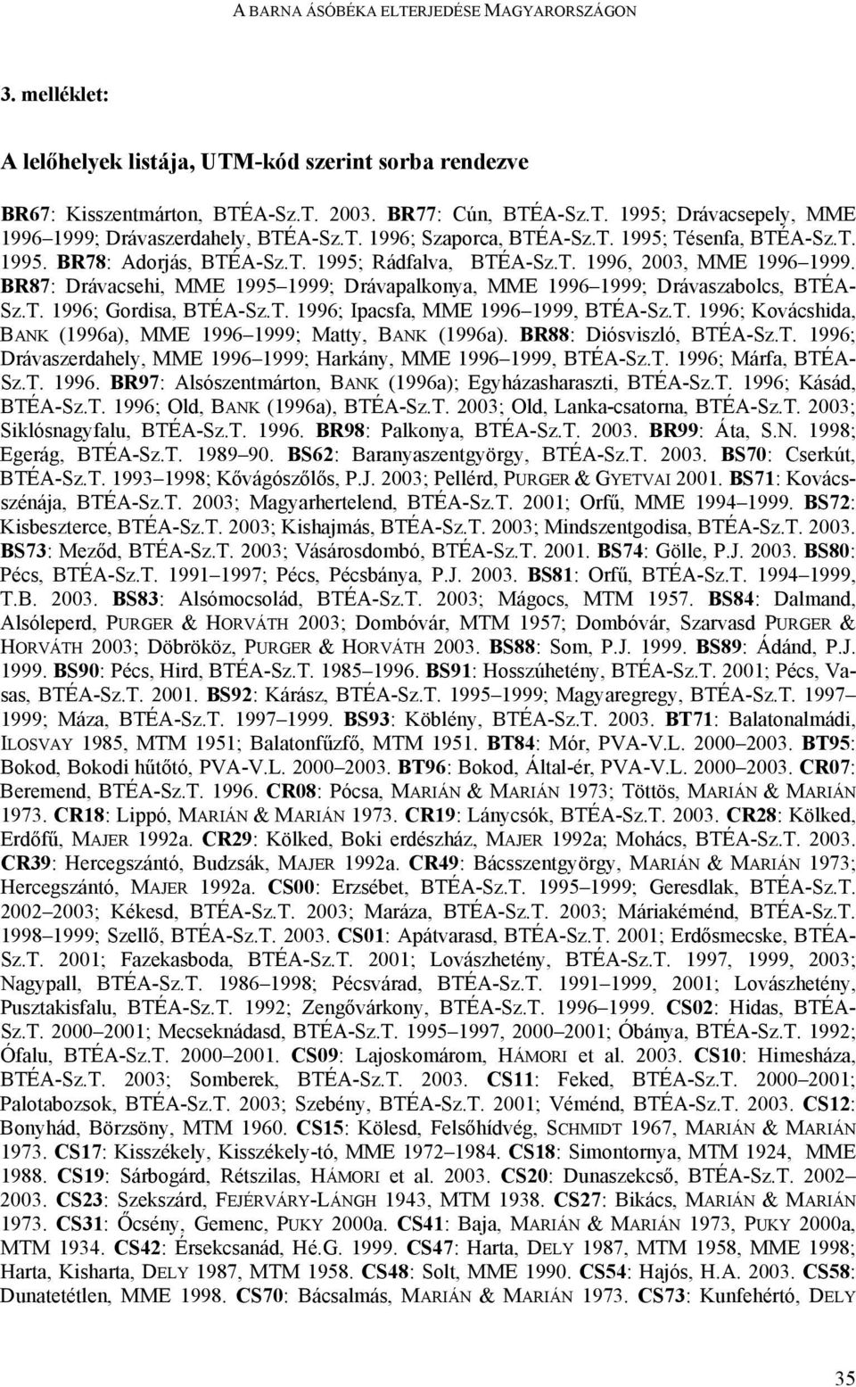 BR87: Drávacsehi, MME 1995 1999; Drávapalkonya, MME 1996 1999; Drávaszabolcs, BTÉA- Sz.T. 1996; Gordisa, BTÉA-Sz.T. 1996; Ipacsfa, MME 1996 1999, BTÉA-Sz.T. 1996; Kovácshida, BANK (1996a), MME 1996 1999; Matty, BANK (1996a).