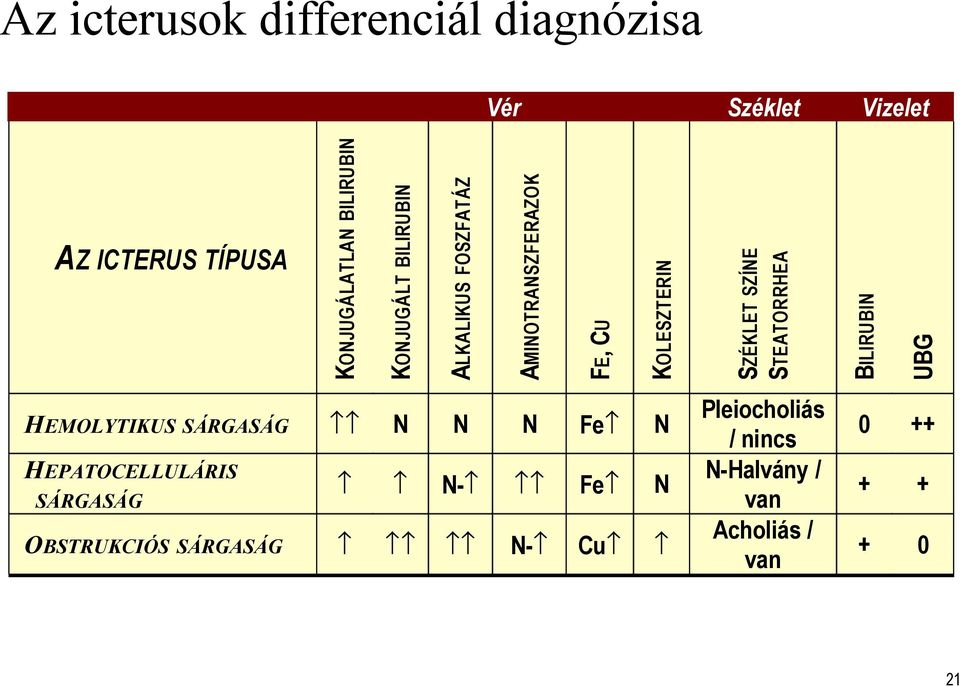 SZÉKLET SZÍNE STEATORRHEA BILIRUBIN UBG HEMOLYTIKUS SÁRGASÁG N N N Fe N HEPATOCELLULÁRIS