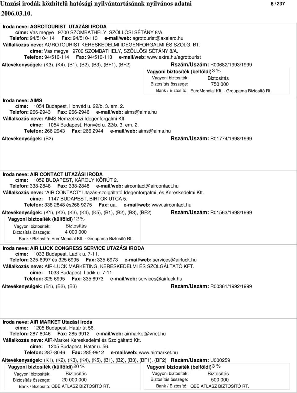 hu/agrotourist Altevékenységek: (K3), (K4), (B1), (B2), (B3), (BF1), (BF2) Rszám/Uszám: R00682/1993/1999 750 000 Iroda neve: AIMS címe: 1054 Budapest, Honvéd u. 22