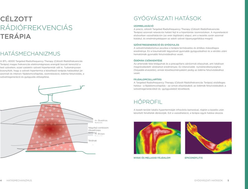 Tudományosan bizonyított, hogy a szöveti hipertermia a következő terápiás hatásokkal jár: azonnali és intenzív fájdalomcsillapítás, izomrelaxáció, ödéma-felszívódás, a szövetregeneráció és gyógyulás