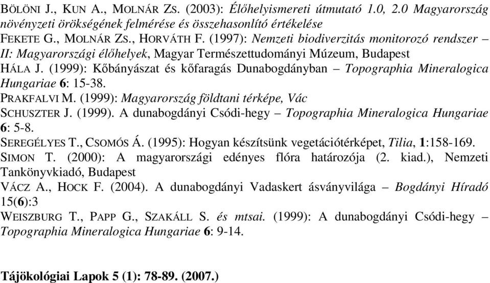 (1999): Kőbányászat és kőfaragás Dunabogdányban Topographia Mineralogica Hungariae 6: 15-38. PRAKFALVI M. (1999): Magyarország földtani térképe, Vác SCHUSZTER J. (1999). A dunabogdányi Csódi-hegy Topographia Mineralogica Hungariae 6: 5-8.