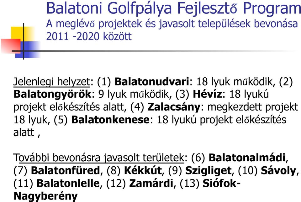Zalacsány: megkezdett projekt 18 lyuk, (5) Balatonkenese: 18 lyukú projekt előkészítés alatt, További bevonásra javasolt