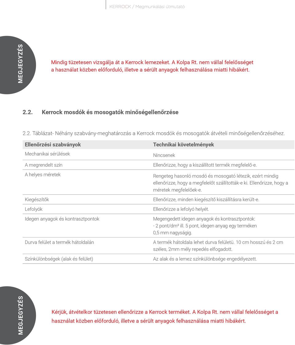 2. Kerrock mosdók és mosogatók minőségellenőrzése 2.2. Táblázat- Néhány szabvány-meghatározás a Kerrock mosdók és mosogatók átvételi minőségellenőrzéséhez.