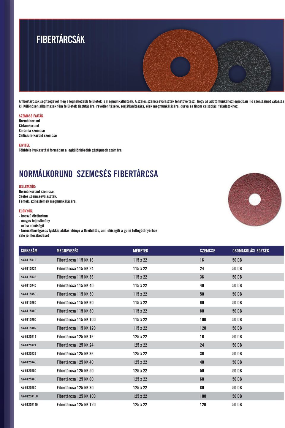 SZEMCSE FAJTÁK Normálkorund Cirkonkorund Kerámia szemcse Szilícium-karbid szemcse KIVITEL Többféle lyukasztási formában a legkülönbözőbb géptípusok számára.