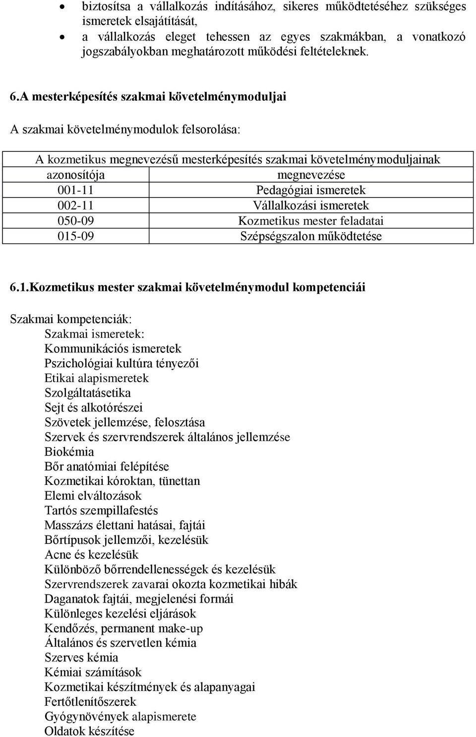 A mesterképesítés szakmai követelménymoduljai A szakmai követelménymodulok felsorolása: A kozmetikus megnevezésű mesterképesítés szakmai követelménymoduljainak azonosítója megnevezése 001-11