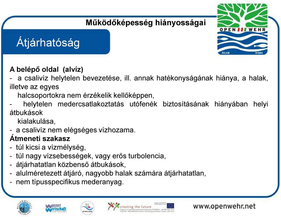 biztosításának hiányában helyi átbukások kialakulása, - a csalivíz nem elégséges vízhozama.