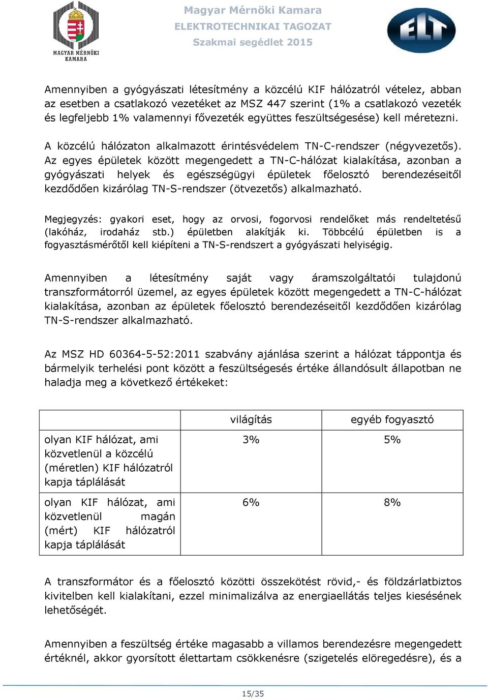 Az egyes épületek között megengedett a TN-C-hálózat kialakítása, azonban a gyógyászati helyek és egészségügyi épületek főelosztó berendezéseitől kezdődően kizárólag TN-S-rendszer (ötvezetős)