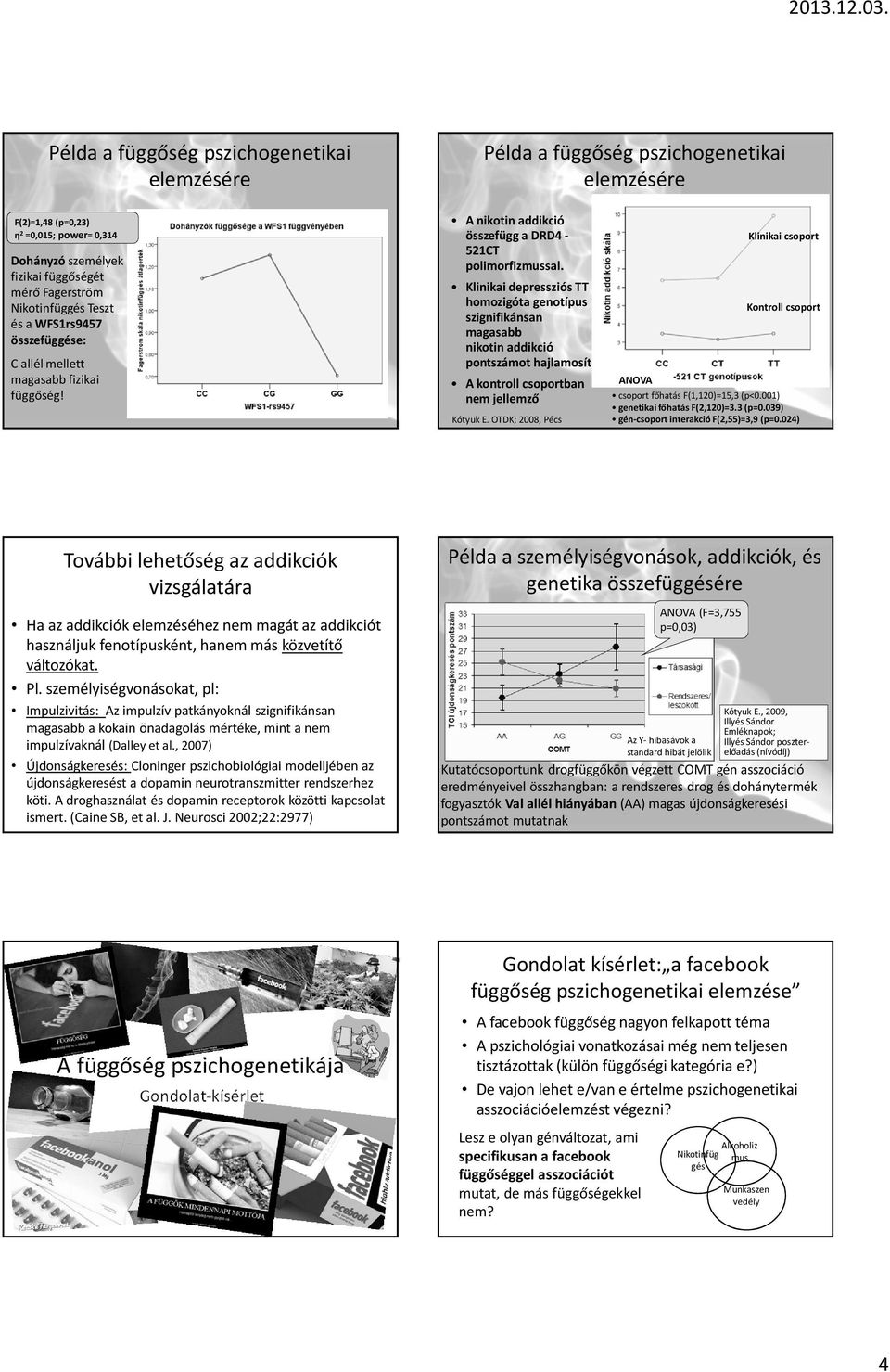 Klinikai depressziós TT homozigóta genotípus szignifikánsan magasabb nikotin addikció pontszámot hajlamosít A kontroll csoportban nem jellemző Kótyuk E.