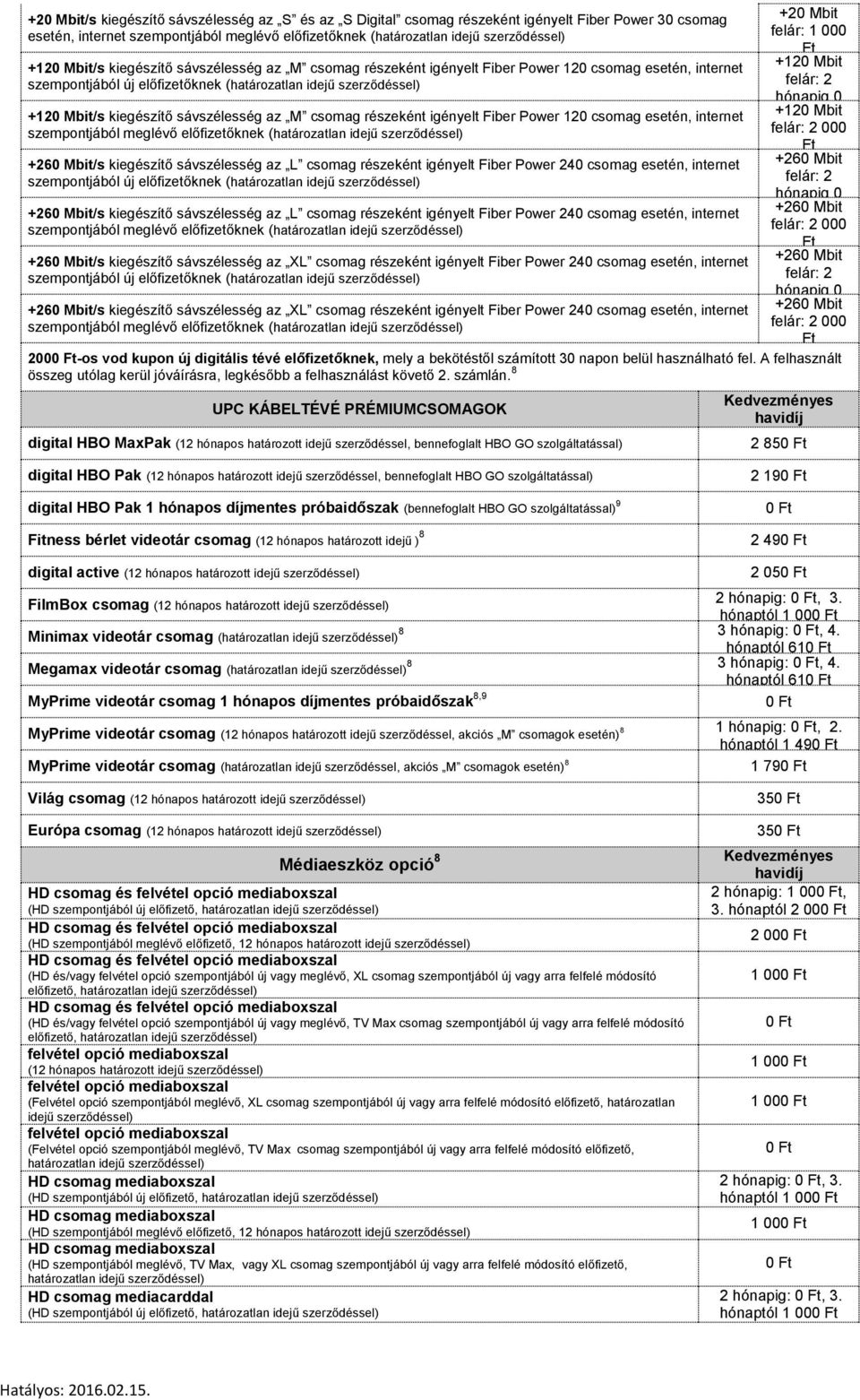 sávszélesség az M csomag részeként igényelt Fiber Power 120 csomag esetén, internet szempontjából meglévő előfizetőknek (határozatlan idejű szerződéssel) +260 Mbit/s kiegészítő sávszélesség az L