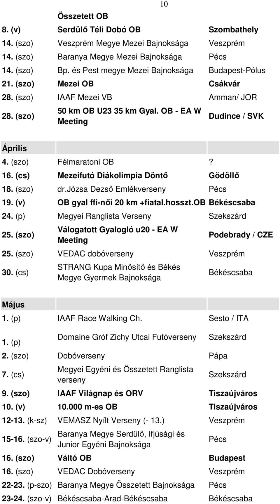 (szo) Félmaratoni OB? 16. (cs) Mezeifutó Diákolimpia Döntő Gödöllő 18. (szo) dr.józsa Dezső Emlékverseny Pécs 19. (v) OB gyal ffi-női 20 km +fiatal.hosszt.ob Békéscsaba 24.