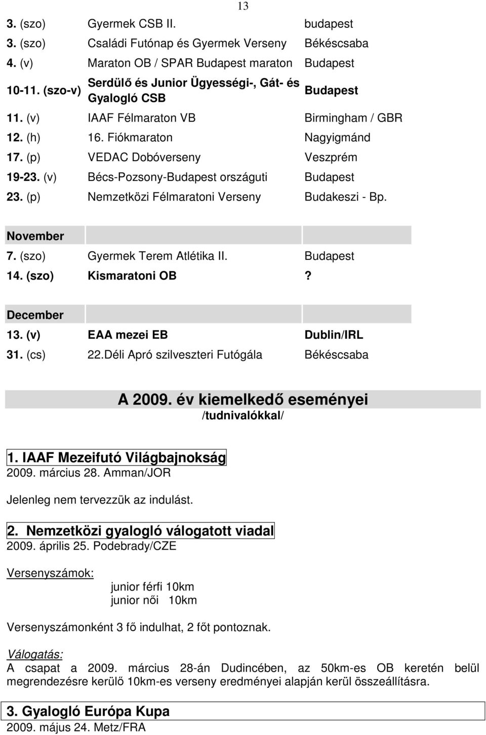 (v) Bécs-Pozsony-Budapest országuti Budapest 23. (p) Nemzetközi Félmaratoni Verseny Budakeszi - Bp. November 7. (szo) Gyermek Terem Atlétika II. Budapest 14. (szo) Kismaratoni OB? December 13.