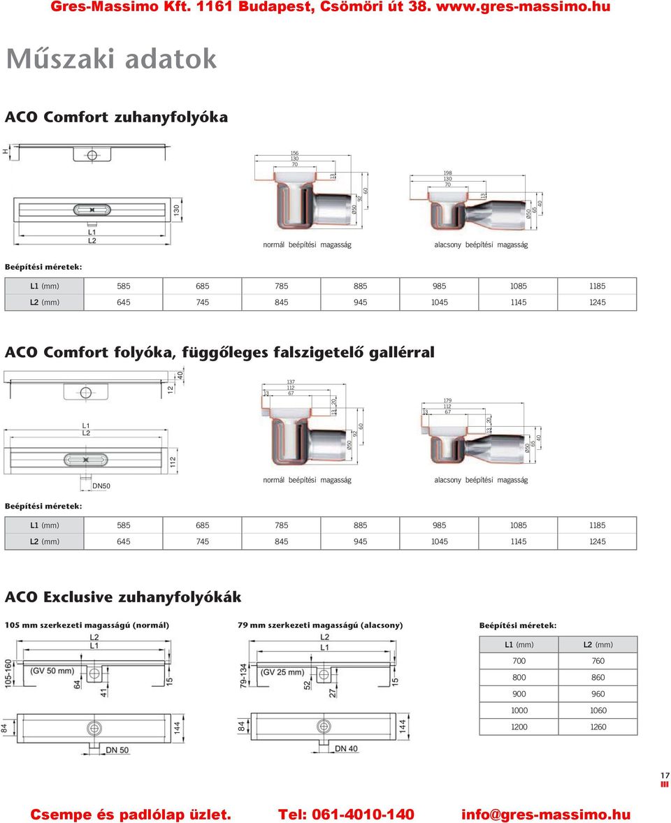 13 20 112 40 DN50 normál beépítési magasság alacsony beépítési magasság Beépítési méretek: L1 (mm) 585 685 785 885 985 1085 1185 L2 (mm) 645 745 845 945 1045 1145 1245 ACO Exclusive