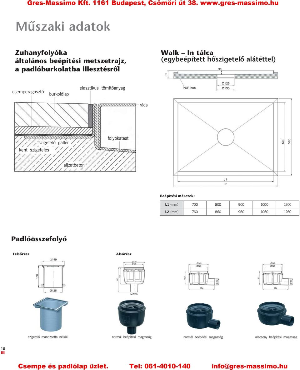 500 560 kent szigetelés aljzatbeton L1 L2 Beépítési méretek: L1 (mm) 700 800 900 1000 1200 L2 (mm) 760 860 960 1060 1260