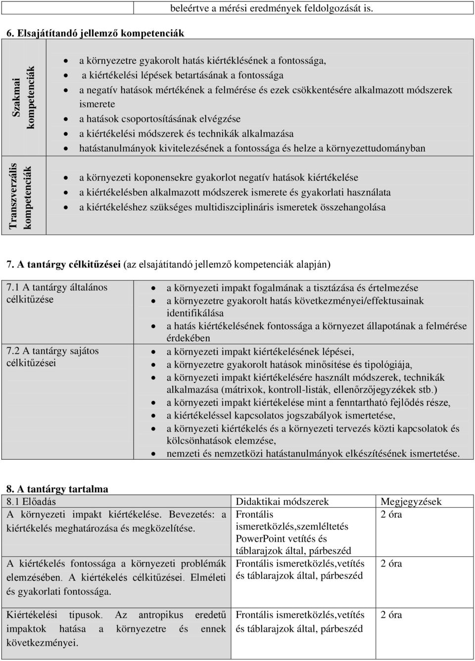és ezek csökkentésére alkalmazott módszerek ismerete a hatások csoportosításának elvégzése a kiértékelési módszerek és technikák alkalmazása hatástanulmányok kivitelezésének a fontossága és helze a