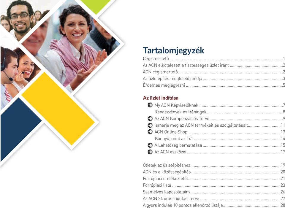 ..11 ACN Online Shop...13 Könnyű, mint az 1x1...14 A Lehetőség bemutatása...15 Az ACN eszközei...17 Ötletek az üzletépítéshez...19 ACN és a közösségépítés.