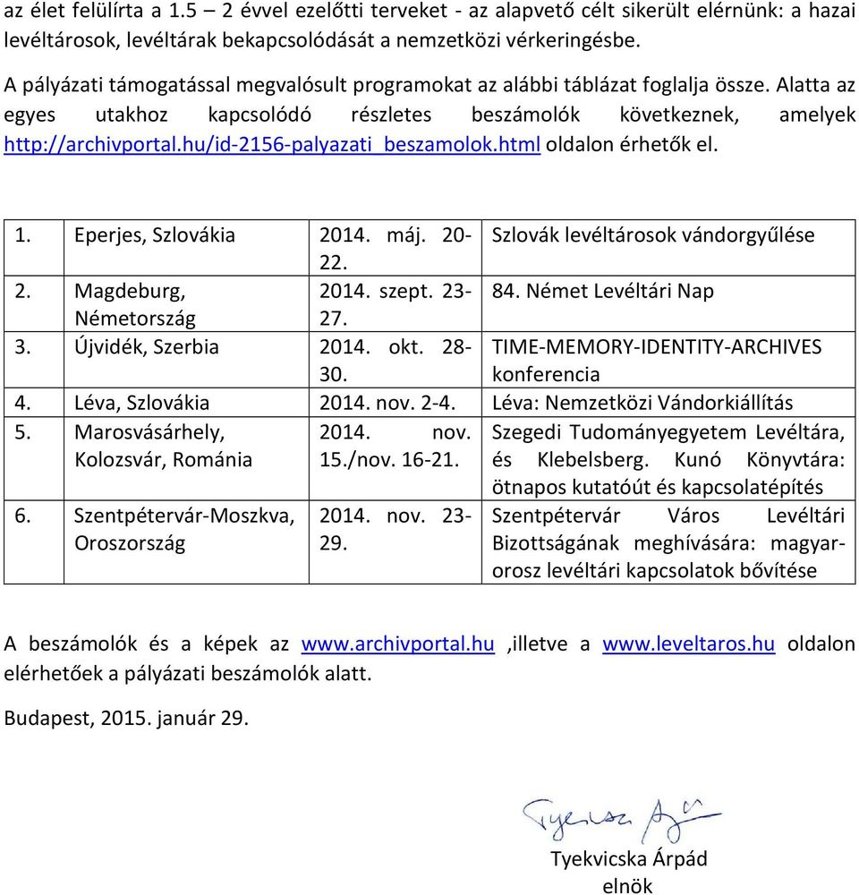 hu/id-2156-palyazati_beszamolok.html oldalon érhetők el. 1. Eperjes, Szlovákia 2014. máj. 20- Szlovák levéltárosok vándorgyűlése 22. 2. Magdeburg, 2014. szept. 23-84.