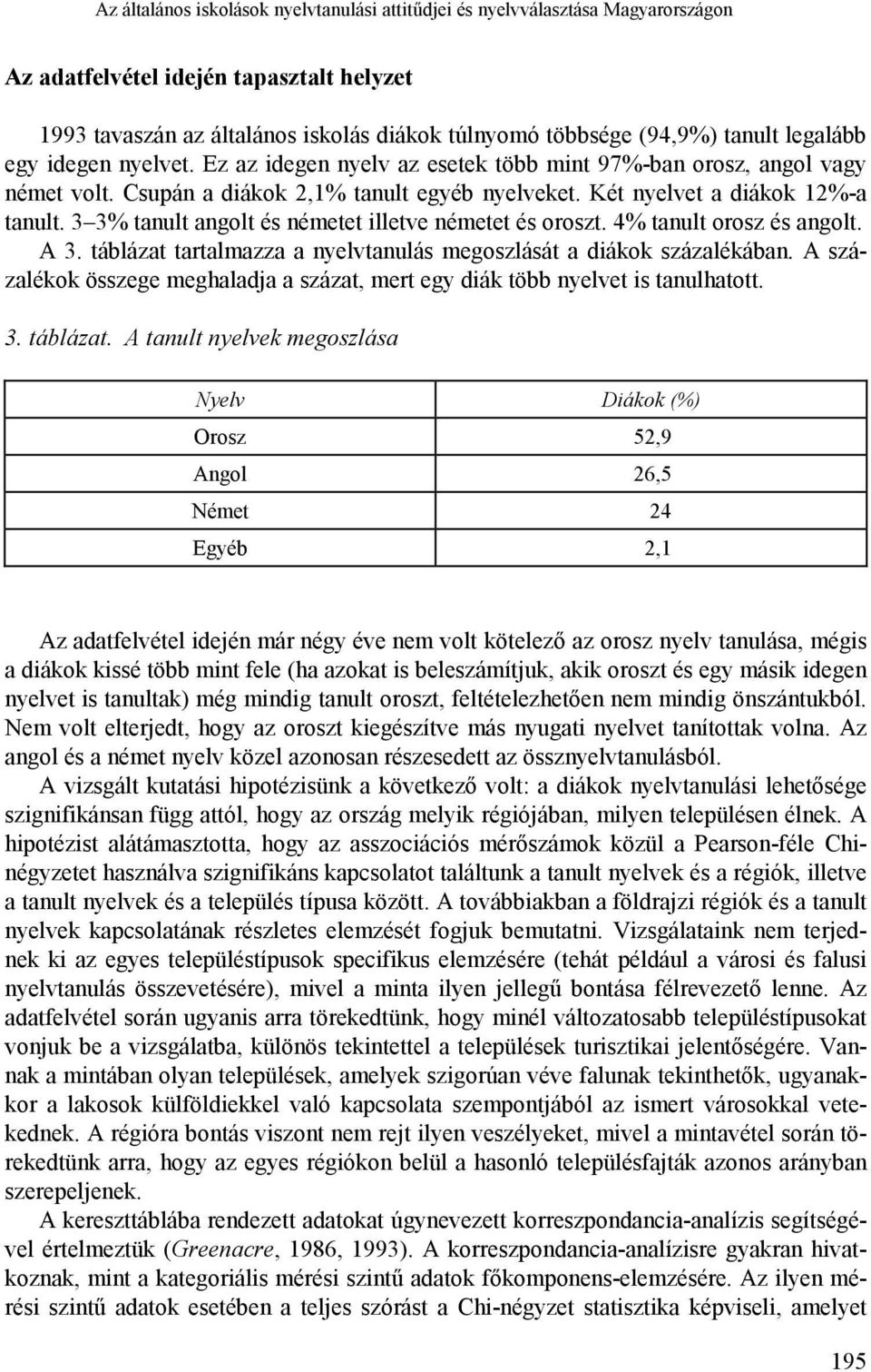 3 3% tanult angolt és németet illetve németet és oroszt. 4% tanult orosz és angolt. A 3. táblázat tartalmazza a nyelvtanulás megoszlását a diákok százalékában.