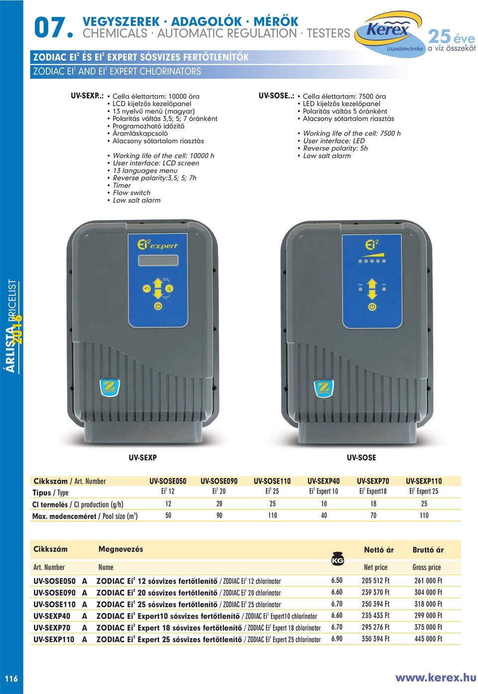 the cell: 10000 h User interface: LCD screen 13 languages menu Reverse polarity:3,5; 5; 7h Timer Flow switch Low salt alarm UV-SOSE.