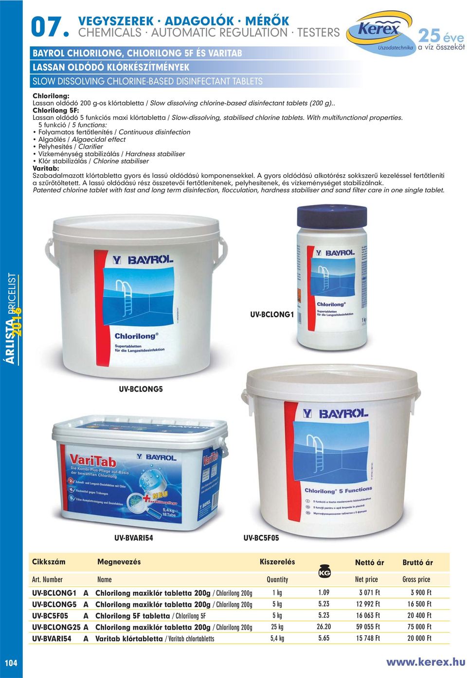 5 funkció / 5 functions: Folyamatos fertôtlenítés / Continuous disinfection Algaölés / Algaecidal effect Pelyhesítés / Clarifier Vízkeménység stabilizálás / Hardness stabiliser Klór stabilizálás /