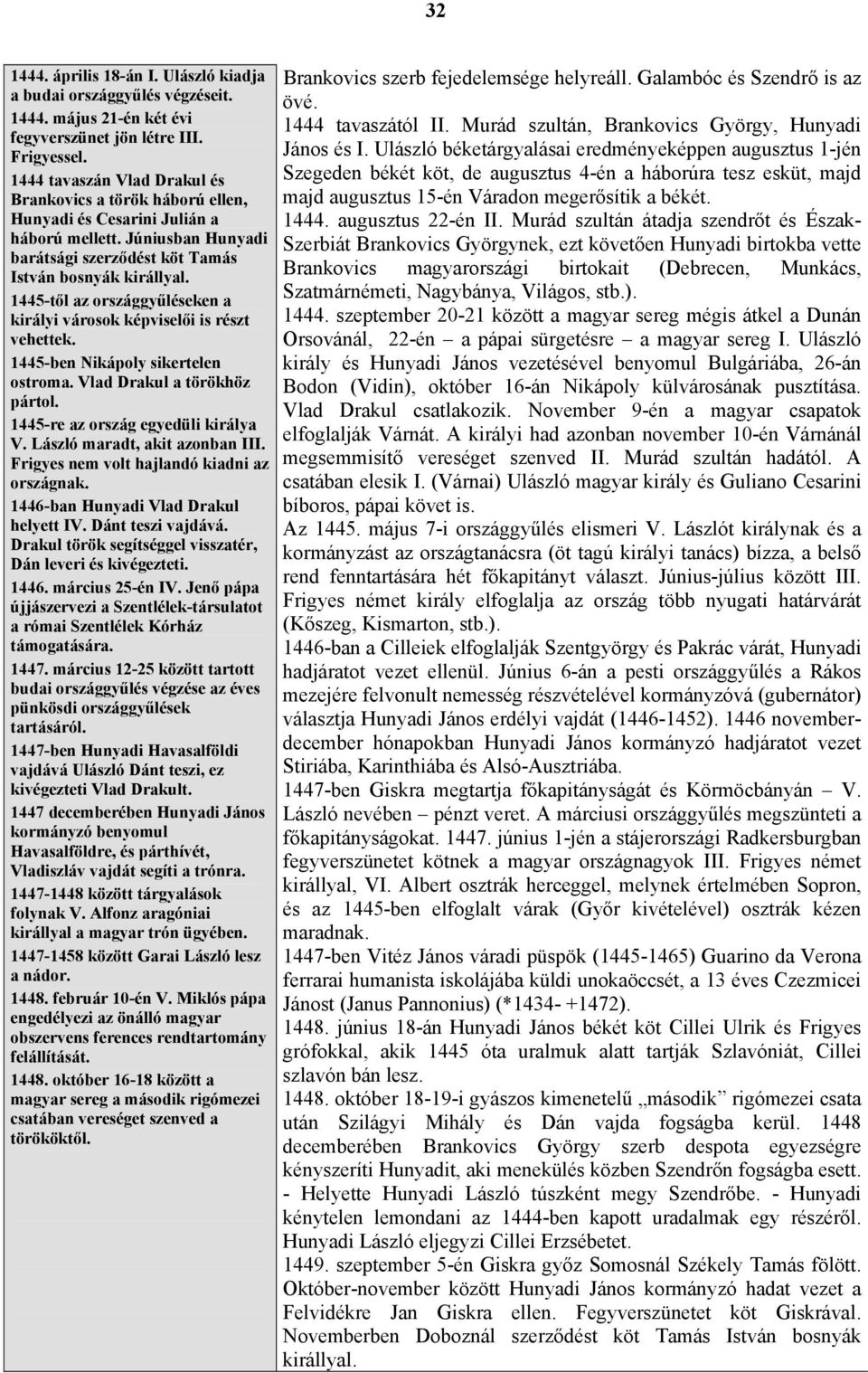 1445-től az országgyűléseken a királyi városok képviselői is részt vehettek. 1445-ben Nikápoly sikertelen ostroma. Vlad Drakul a törökhöz pártol. 1445-re az ország egyedüli királya V.