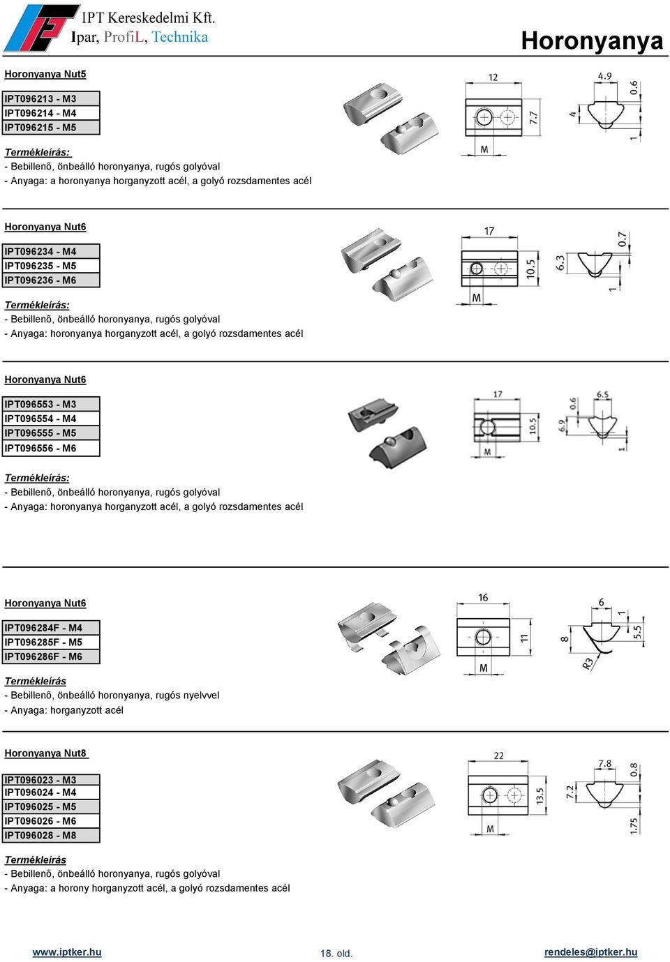 IPT096554 - M4 IPT096555 - M5 IPT096556 - M6 - Bebillenő, önbeálló horonyanya, rugós golyóval - Anyaga: horonyanya horganyzott acél, a golyó rozsdamentes acél Horonyanya Nut6 IPT096284F - M4