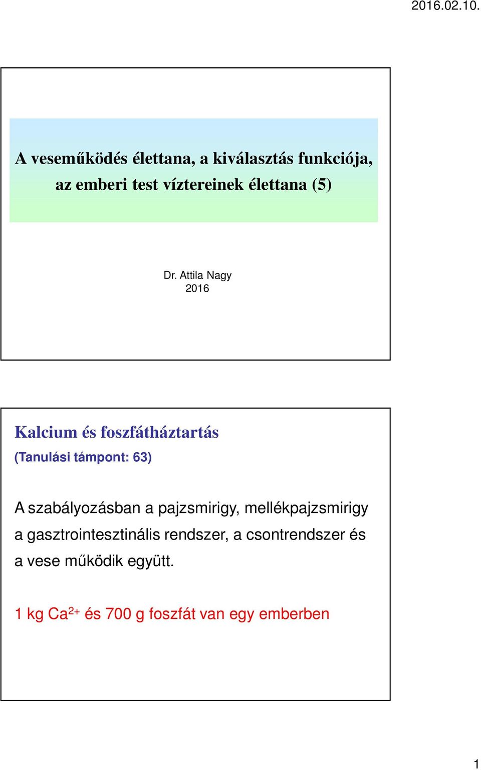 Attila Nagy 2016 Kalcium és foszfátháztartás (Tanulási támpont: 63) A