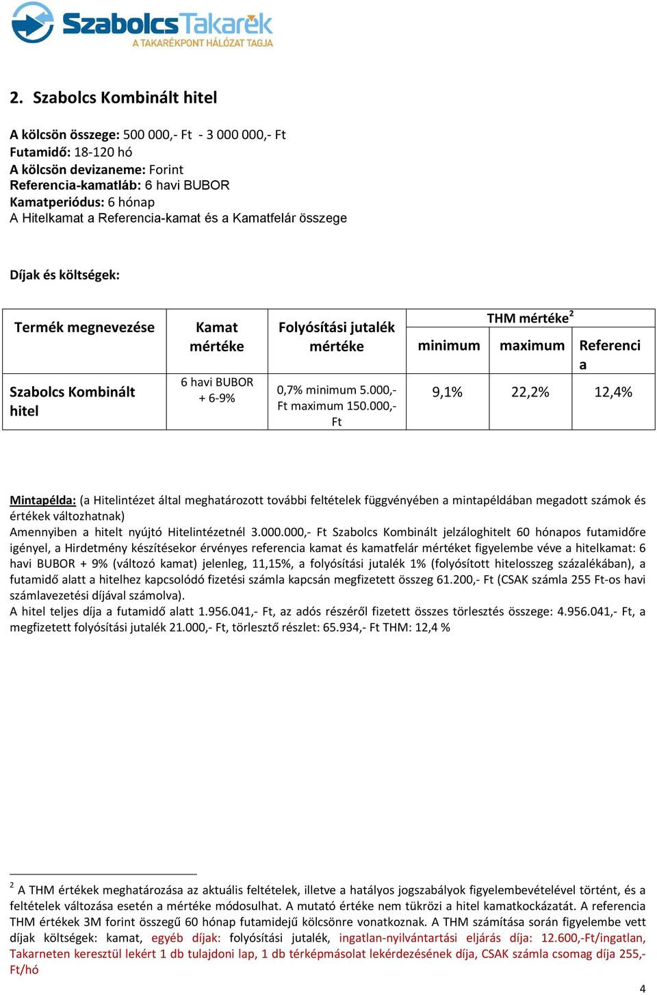 000,- Ft THM 2 minimum maximum Referenci a 9,1% 22,2% 12,4% Mintapélda: (a Hitelintézet által meghatározott további feltételek függvényében a mintapéldában megadott számok és értékek változhatnak)