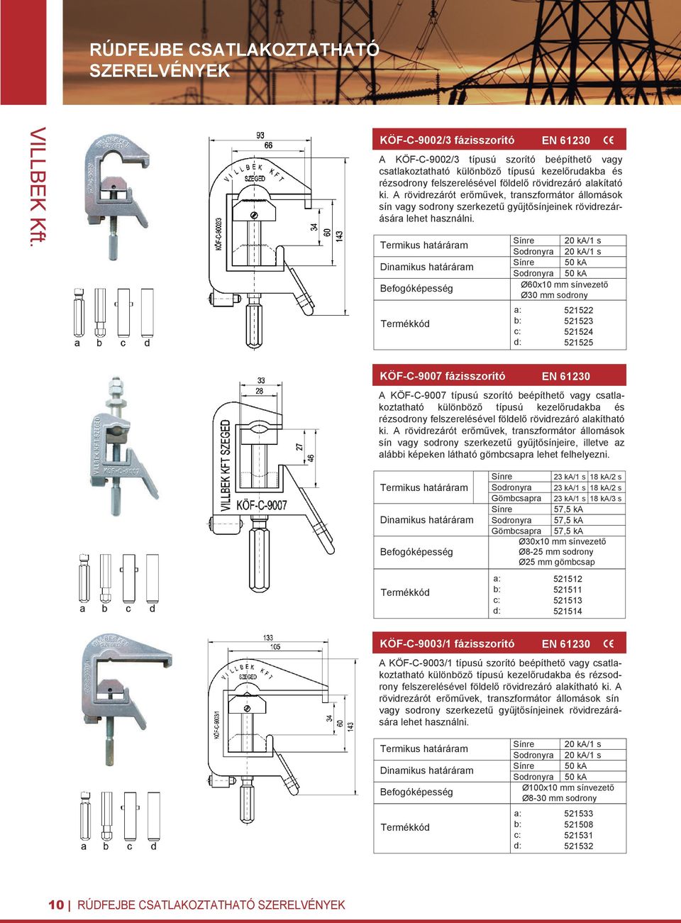 Sínre 20 ka/1 s Sodronyra 20 ka/1 s Sínre 50 ka Sodronyra 50 ka Ø60x10 mm sínvezető Ø30 mm sodrony 521522 521523 521524 521525 KÖF-C-9007 fázisszorító A KÖF-C-9007 típusú szorító beépíthető vagy