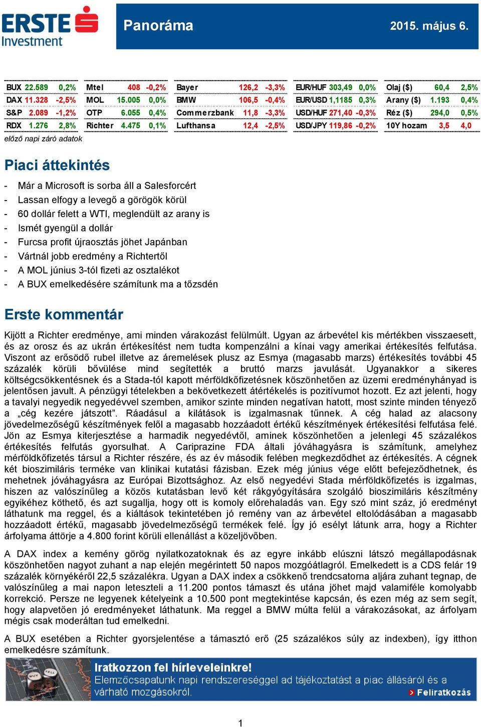 475 0,1% Lufthansa 12,4-2,5% USD/JPY 119,86-0,2% 10Y hozam 3,5 4,0 előző napi záró adatok Piaci áttekintés - Már a Microsoft is sorba áll a Salesforcért - Lassan elfogy a levegő a görögök körül - 60