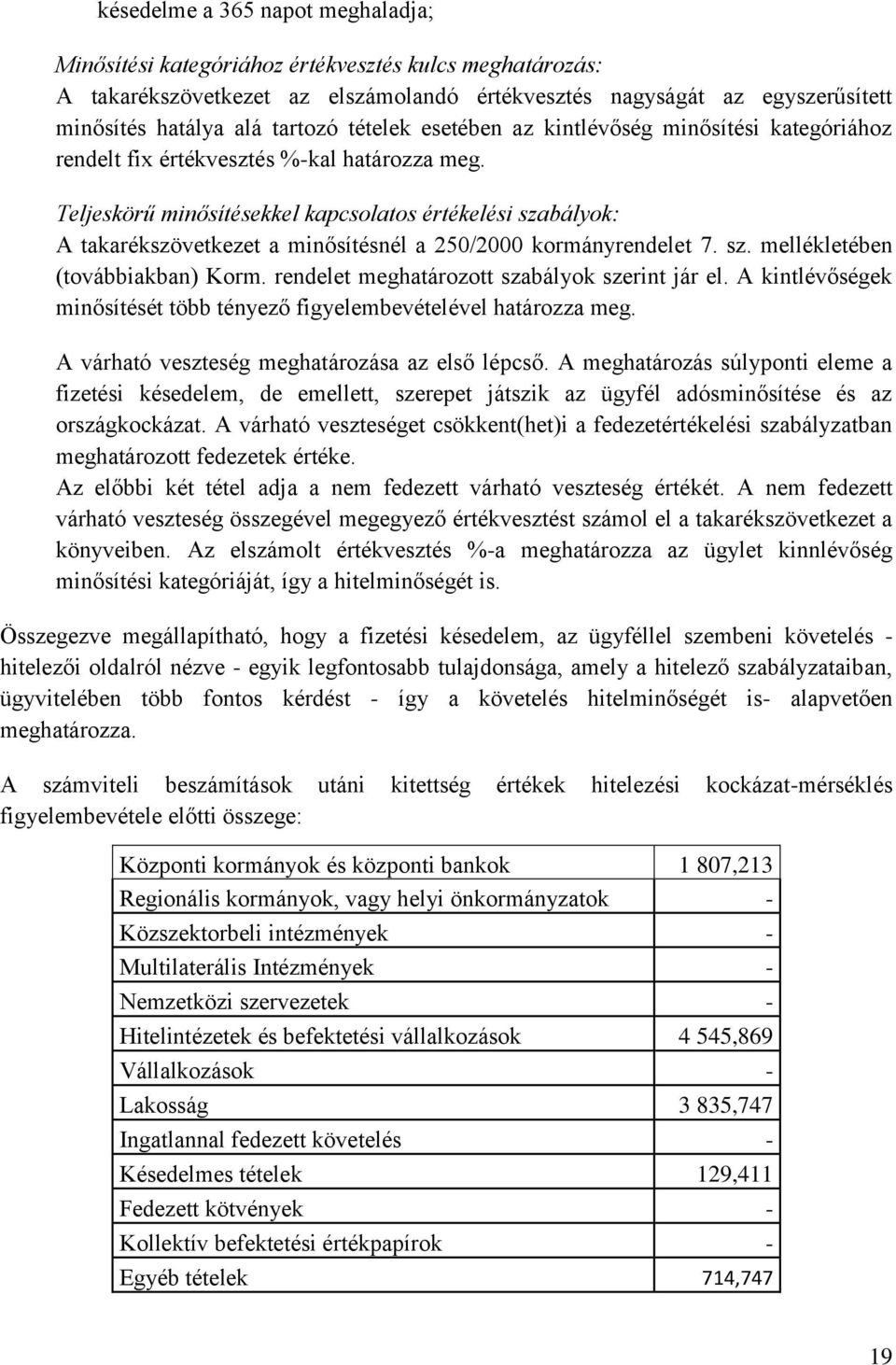 Teljeskörű minősítésekkel kapcsolatos értékelési szabályok: A takarékszövetkezet a minősítésnél a 250/2000 kormányrendelet 7. sz. mellékletében (továbbiakban) Korm.