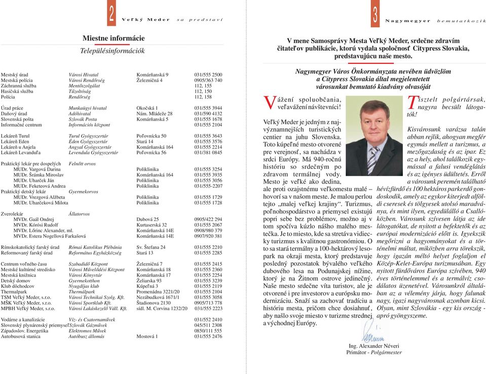 Mládeže 28 031/590 4132 Slovenská pošta Szlovák Posta Komárňanská 5 031/555 1678 Informačné centrum Információs központ 031/555 2104 Lekáreň Turul Turul Gyógyszertár Poľovnícka 50 031/555 3643