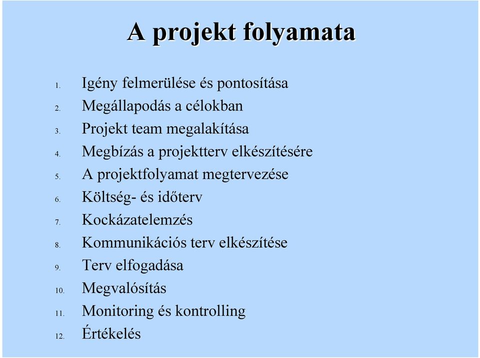 A projektfoyamat megtervezése 6. Kötség- és időterv 7. Kockázateemzés 8.