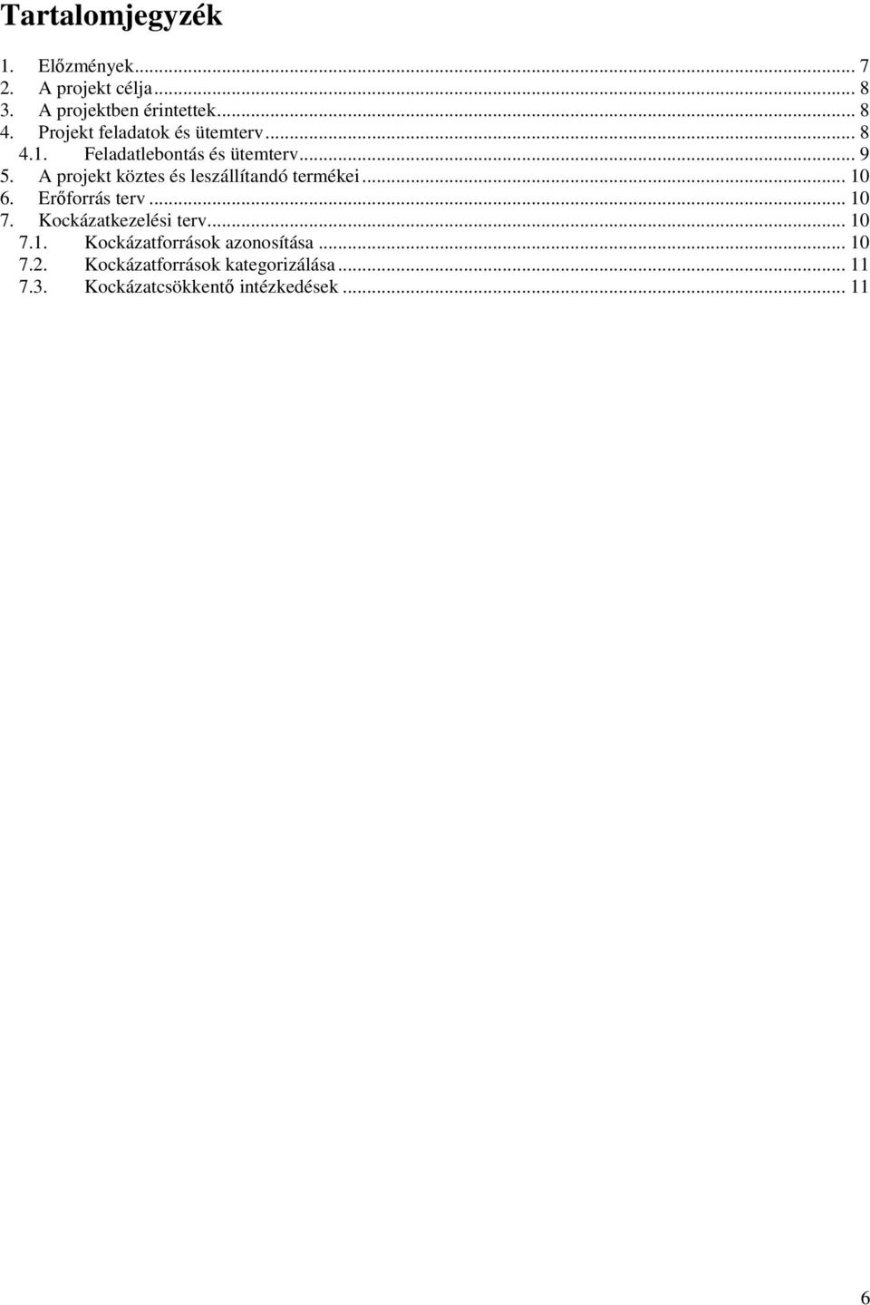 A projekt köztes és leszállítandó termékei... 10 6. Erıforrás terv... 10 7. Kockázatkezelési terv.