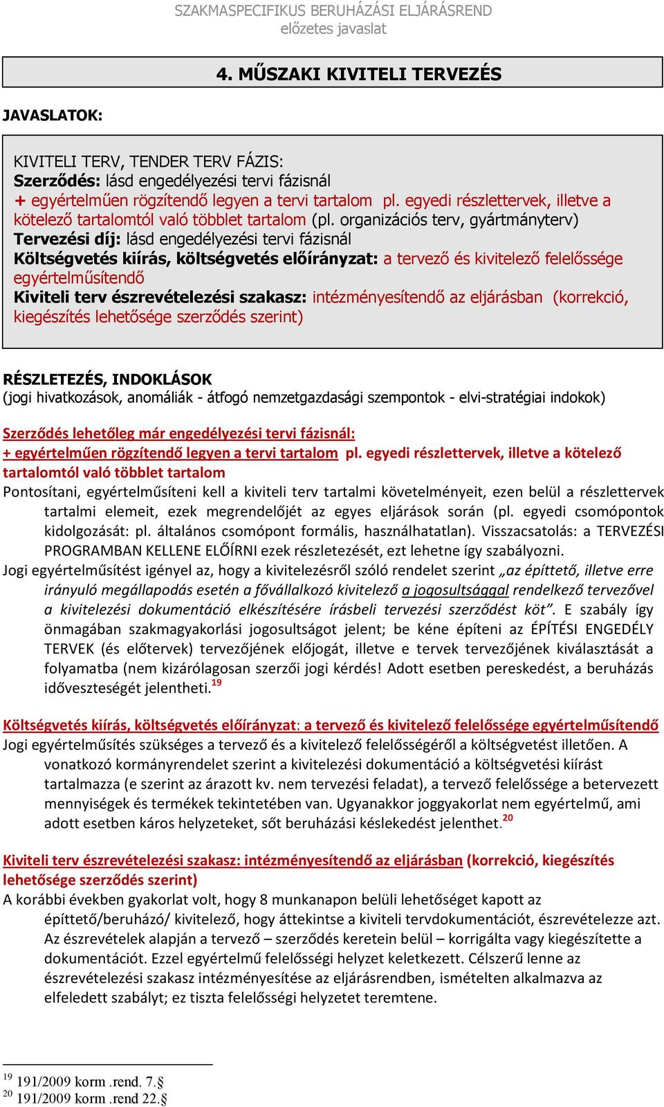 organizációs terv, gyártmányterv) Tervezési díj: lásd engedélyezési tervi fázisnál Költségvetés kiírás, költségvetés előírányzat: a tervező és kivitelező felelőssége egyértelműsítendő Kiviteli terv