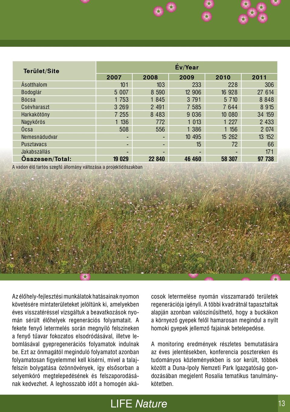 171 Összesen/Total: 19 029 22 840 46 460 58 307 97 738 A vadon élő tartós szegfű állomány változása a projektidőszakban Az élőhely-fejlesztési munkálatok hatásainak nyomon követésére mintaterületeket