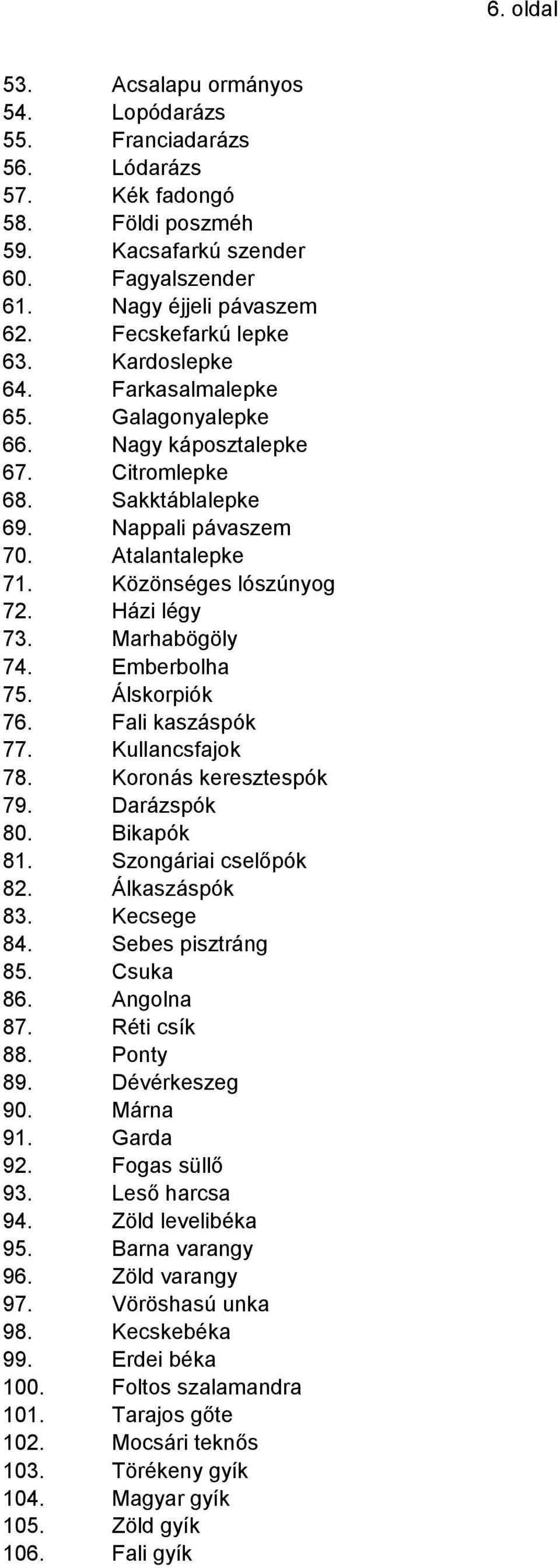 Marhabögöly 74. Emberbolha 75. Álskorpiók 76. Fali kaszáspók 77. Kullancsfajok 78. Koronás keresztespók 79. Darázspók 80. Bikapók 81. Szongáriai cselőpók 82. Álkaszáspók 83. Kecsege 84.