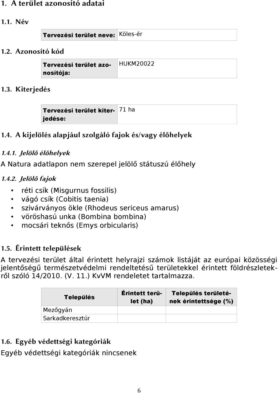 Jelölő fajok réti csík (Misgurnus fossilis) vágó csík (Cobitis taenia) szivárványos ökle (Rhodeus sericeus amarus) vöröshasú unka (Bombina bombina) mocsári teknős (Emys orbicularis) 1.5.