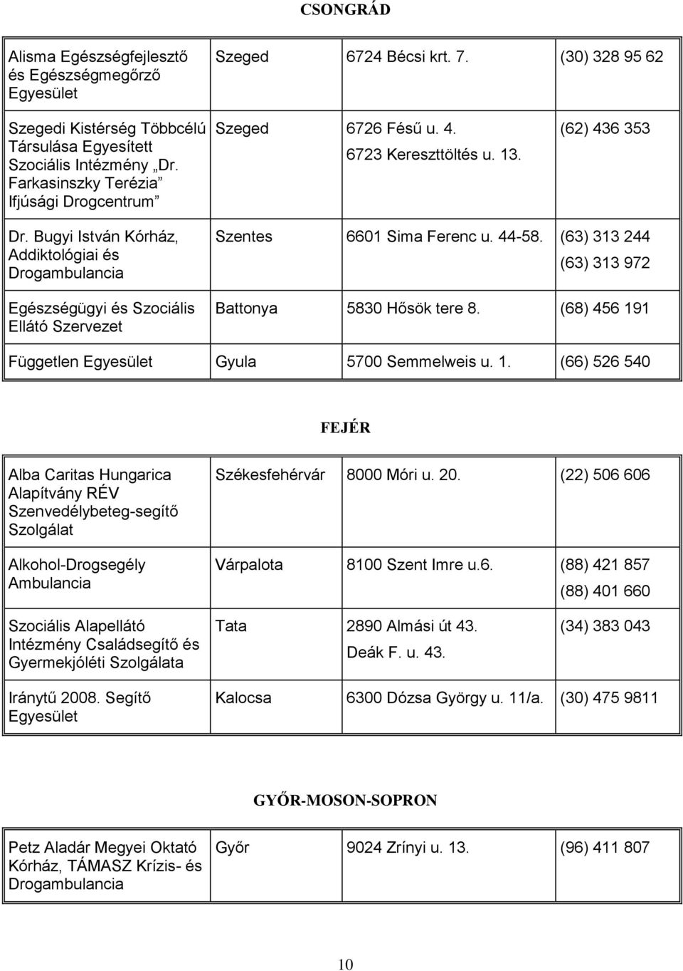 Bugyi István Kórház, Addiktológiai és Drogambulancia Egészségügyi és Szociális Ellátó Szervezet Szentes 6601 Sima Ferenc u. 44-58. (63) 313 244 (63) 313 972 Battonya 5830 Hősök tere 8.